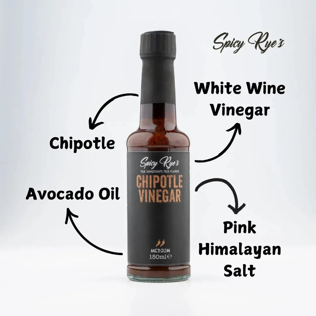 Bottle of Spicy Ryes Chipotle Vinegar with a dark amber liquid and label featuring chili peppers and smoky flavor hints.