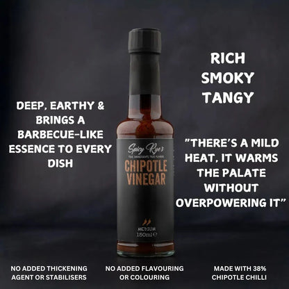 Spicy Ryes Chipotle Vinegar bottle with label, showcasing smoky chili flavor for culinary use.