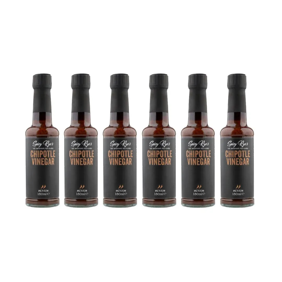 Spicy Ryes Chipotle Vinegar bottle, smoky and spicy flavored vinegar for culinary use, shown in a clear view.