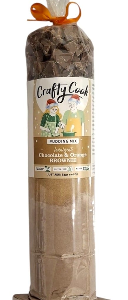 Crafty Cook gluten-free Christmas chocolate and orange brownie mix in a colorful package, ready for baking.