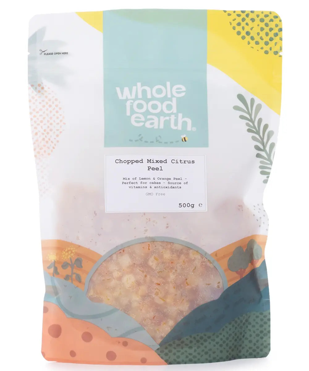 Dried chopped mixed citrus peel by Whole Food Earth, showing vibrant orange and yellow citrus peels in a bowl, ready for baking or snacking.