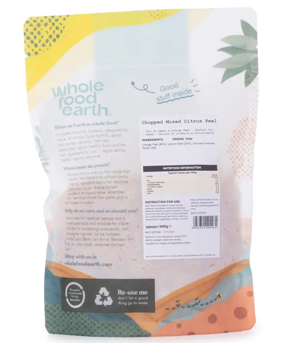 Dried chopped mixed citrus peel in a clear container, showcasing vibrant orange and yellow citrus pieces for baking and snacking.