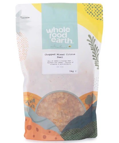 Dried chopped mixed citrus peel from Whole Food Earth, showing vibrant orange and yellow citrus peels in a resealable bag.