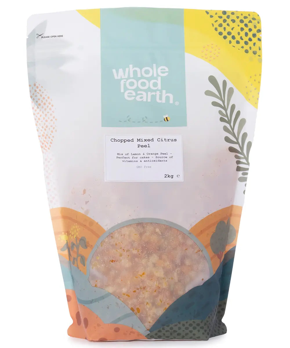 Dried chopped mixed citrus peel from Whole Food Earth, showing colorful pieces of dried orange, lemon, and lime peels.