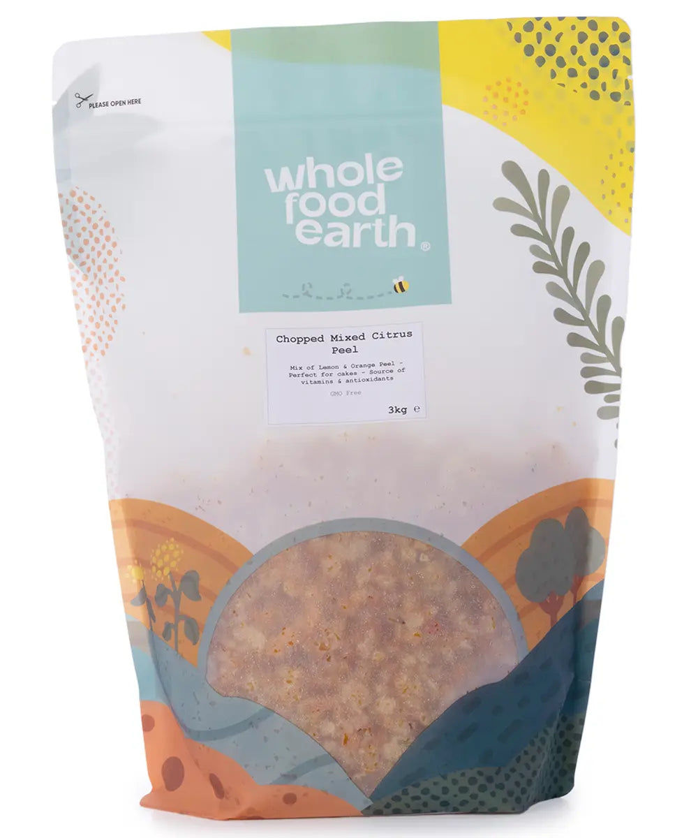 Dried chopped mixed citrus peel by Whole Food Earth, showcasing vibrant orange and yellow citrus peels in a natural state.