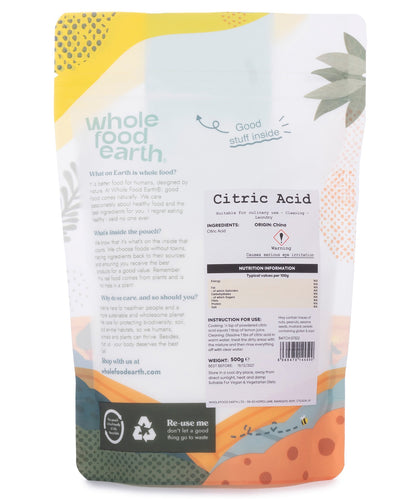 Food grade citric acid by Whole Food Earth, 500g mineral salt, fine crystalline powder for culinary and cleaning uses.