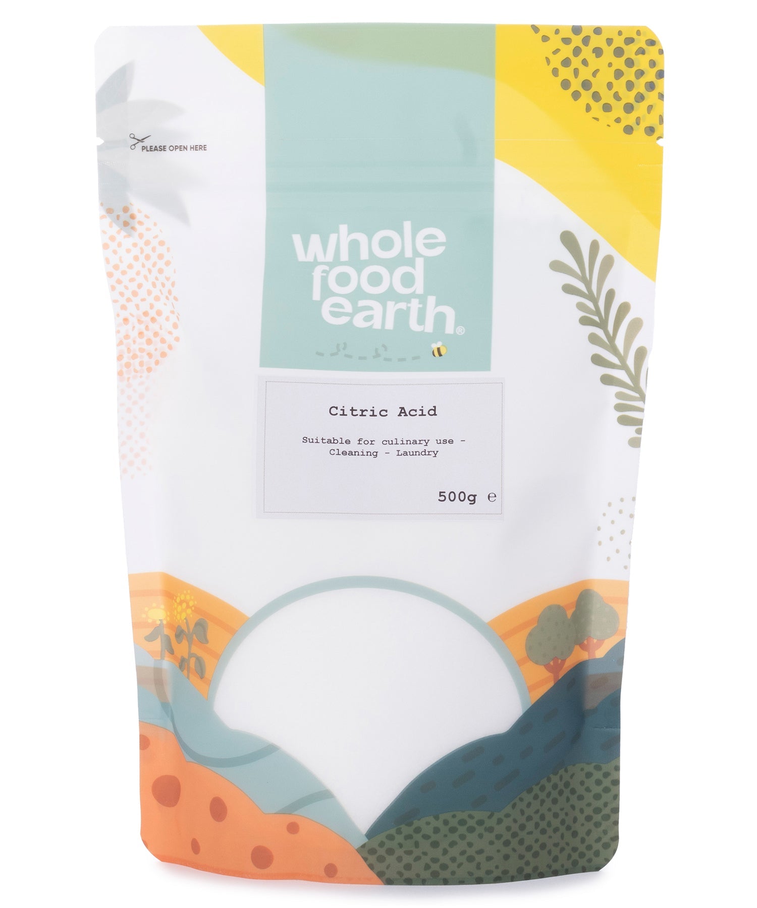 Food grade citric acid mineral and salt from Whole Food Earth in a 500g package, showing white crystalline powder.