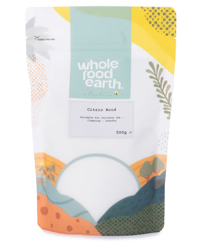 Food grade citric acid mineral and salt from Whole Food Earth in a 500g package, showing white crystalline powder.