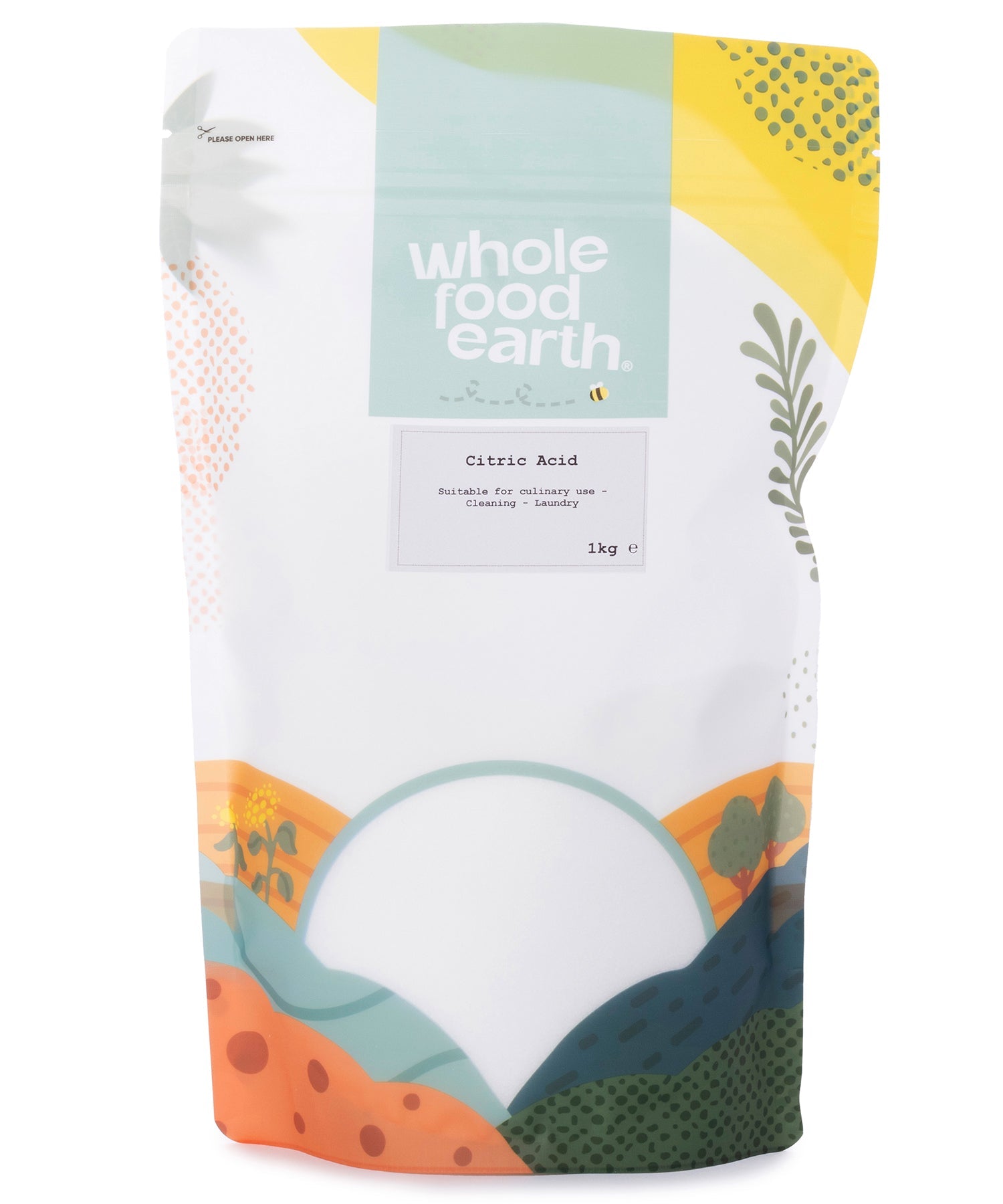 Food grade citric acid mineral and salt packet from Whole Food Earth, showing the white crystalline powder in a resealable bag.