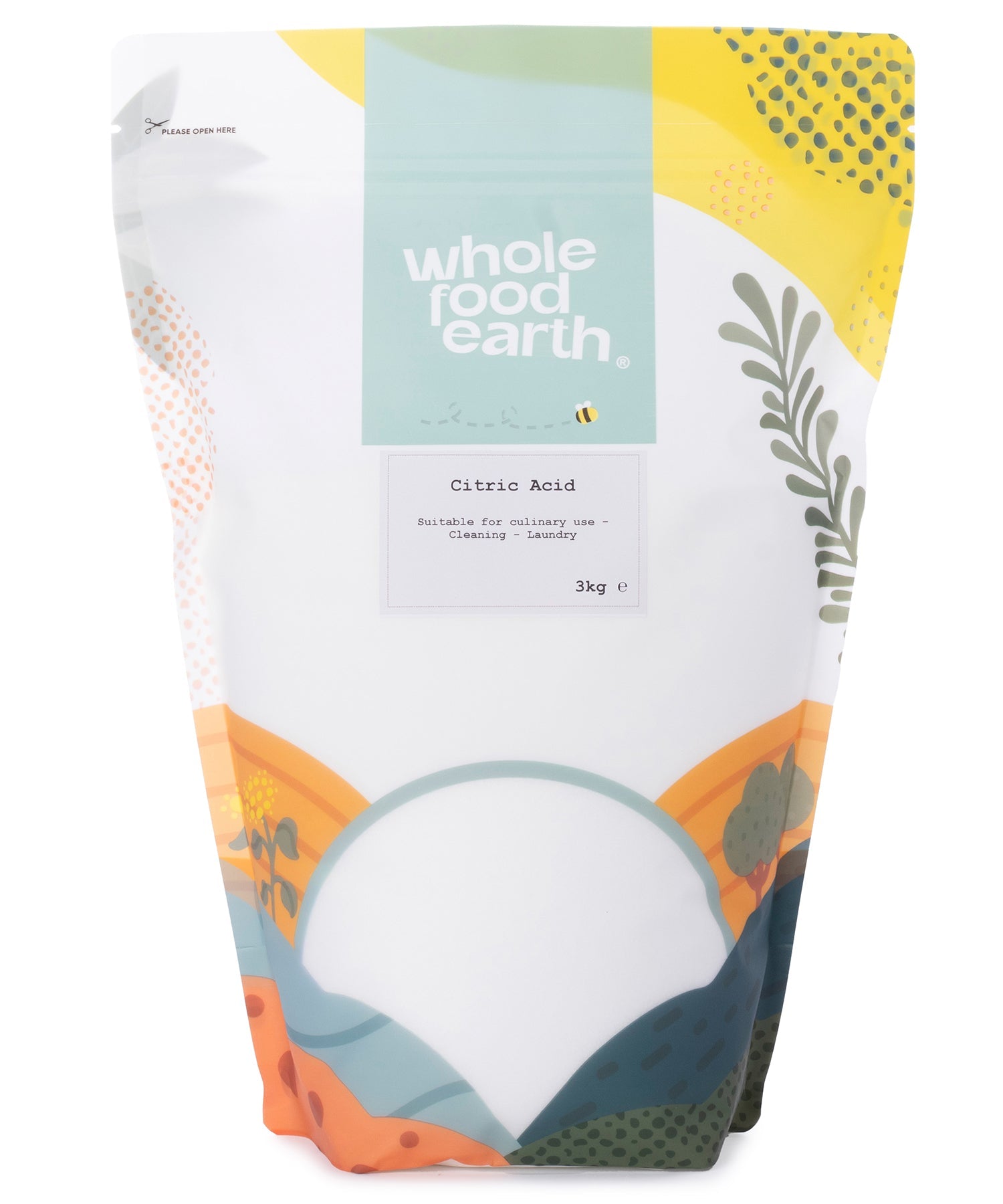 Food grade citric acid mineral and salt in a 3kg package from Whole Food Earth, shown in a clear container.