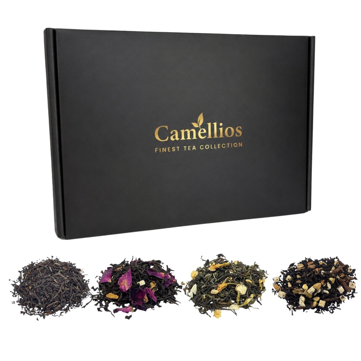 Assorted loose leaf tea sampler gift set with various tea blends, displayed in a clear container, by Camellios.