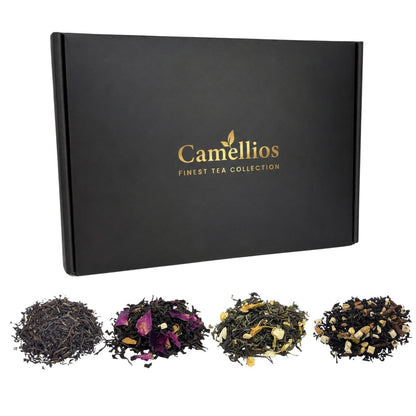 Assorted loose leaf tea sampler gift set with various tea blends, displayed in a clear container, by Camellios.