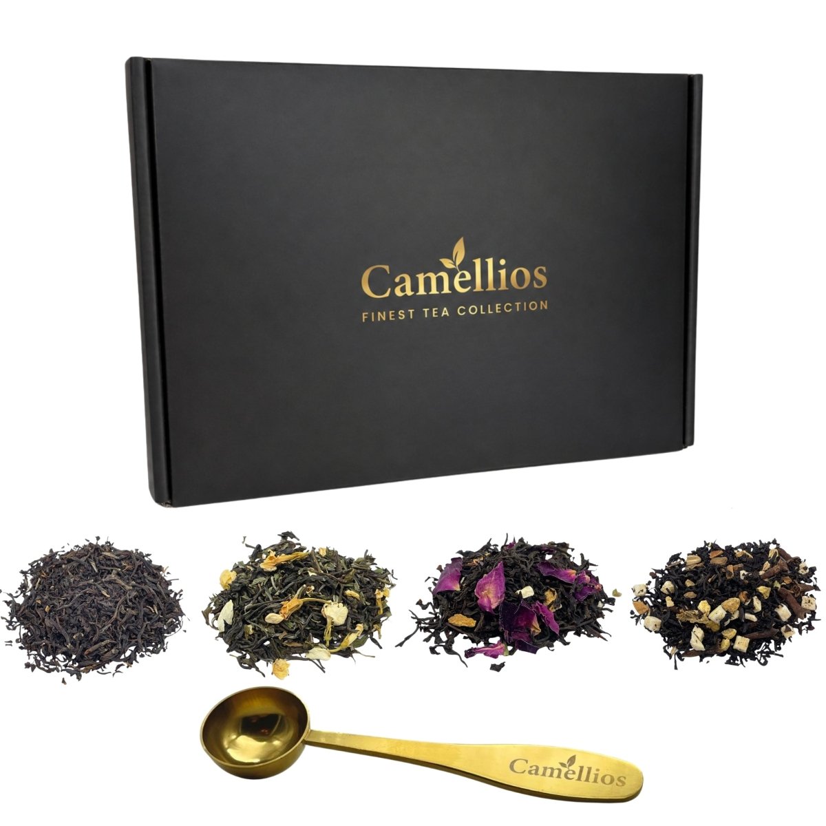 Assorted loose leaf tea bundles in a sampler gift set by Camellios, featuring various tea and infusion options.