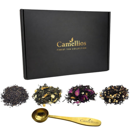 Assorted loose leaf tea bundles in a sampler gift set by Camellios, featuring various tea and infusion options.