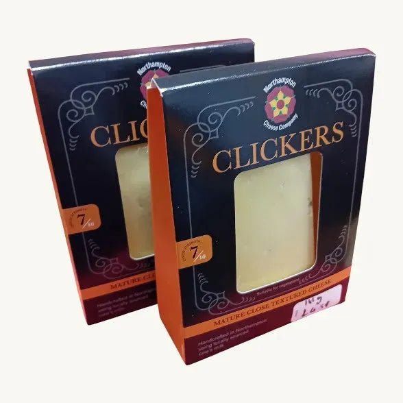 Friars Farm Clickers Cheese from Northampton Cheese Co., 150g block of creamy cheese with a rustic label and cheese slices.