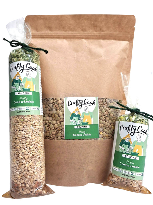 Crafty Cook Cock-a-Leekie Soup Mix package showing the product label with leek and chicken ingredients.