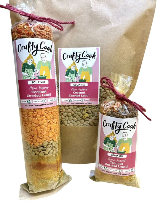 Bag of Crafty Cook Coconut Curried Lentil Soup Mix, gluten-free and vegetarian, showing the colorful soup mix packaging.