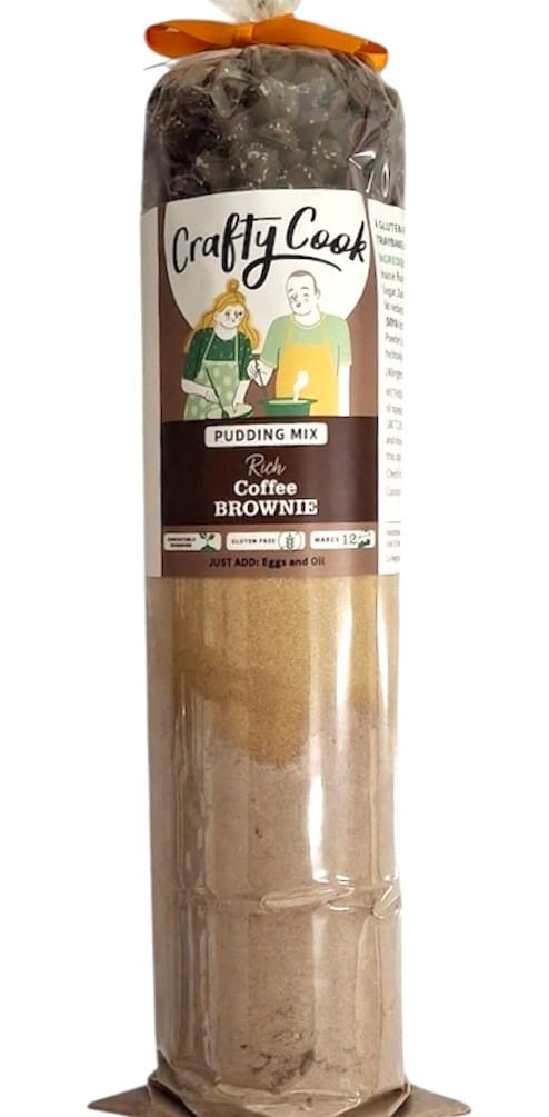 Coffee brownie mix from Crafty Cook, gluten-free all-purpose baking mix in a coffee flavor, shown in a bag with baked brownies.