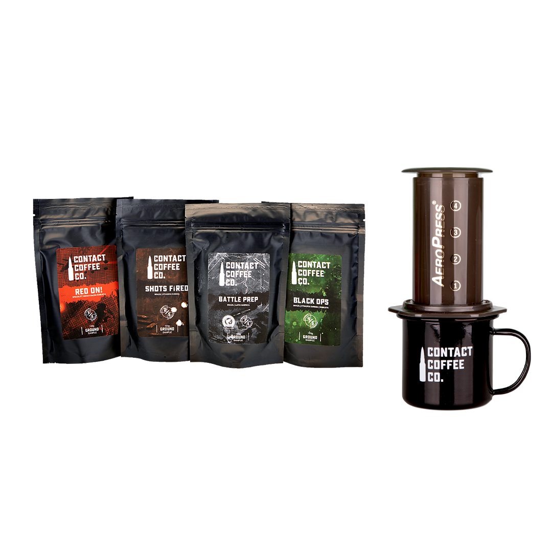 Assorted coffee beans and brewing accessories in Contact Coffee Company Ltd. Coffee Starter Pack, ideal for coffee enthusiasts.