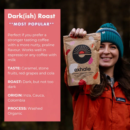 Organic dark roast coffee by Exhale Healthy Coffee, featuring rich, flavorful roasted coffee beans in a close-up image.