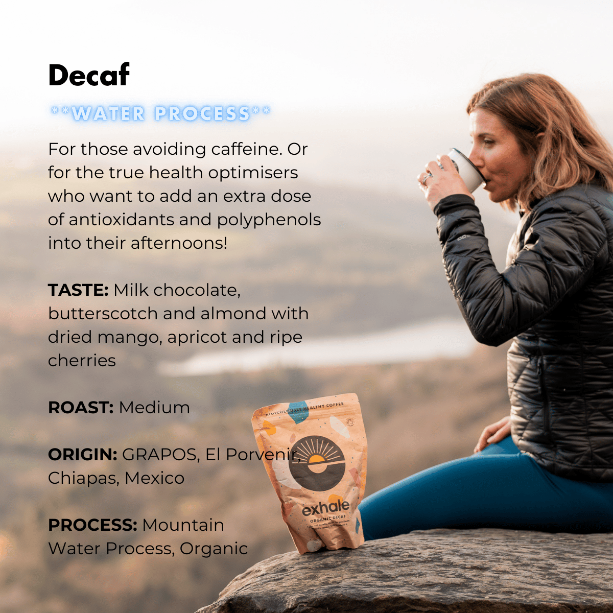Organic decaf coffee by Exhale Healthy Coffee, showing a steaming cup of brewed coffee on a rustic wooden table.