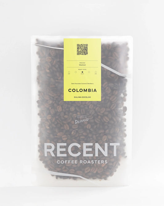 Dulima Excelso medium roast coffee beans from Recent Beans, showcasing freshly roasted coffee with a rich, aromatic appearance.