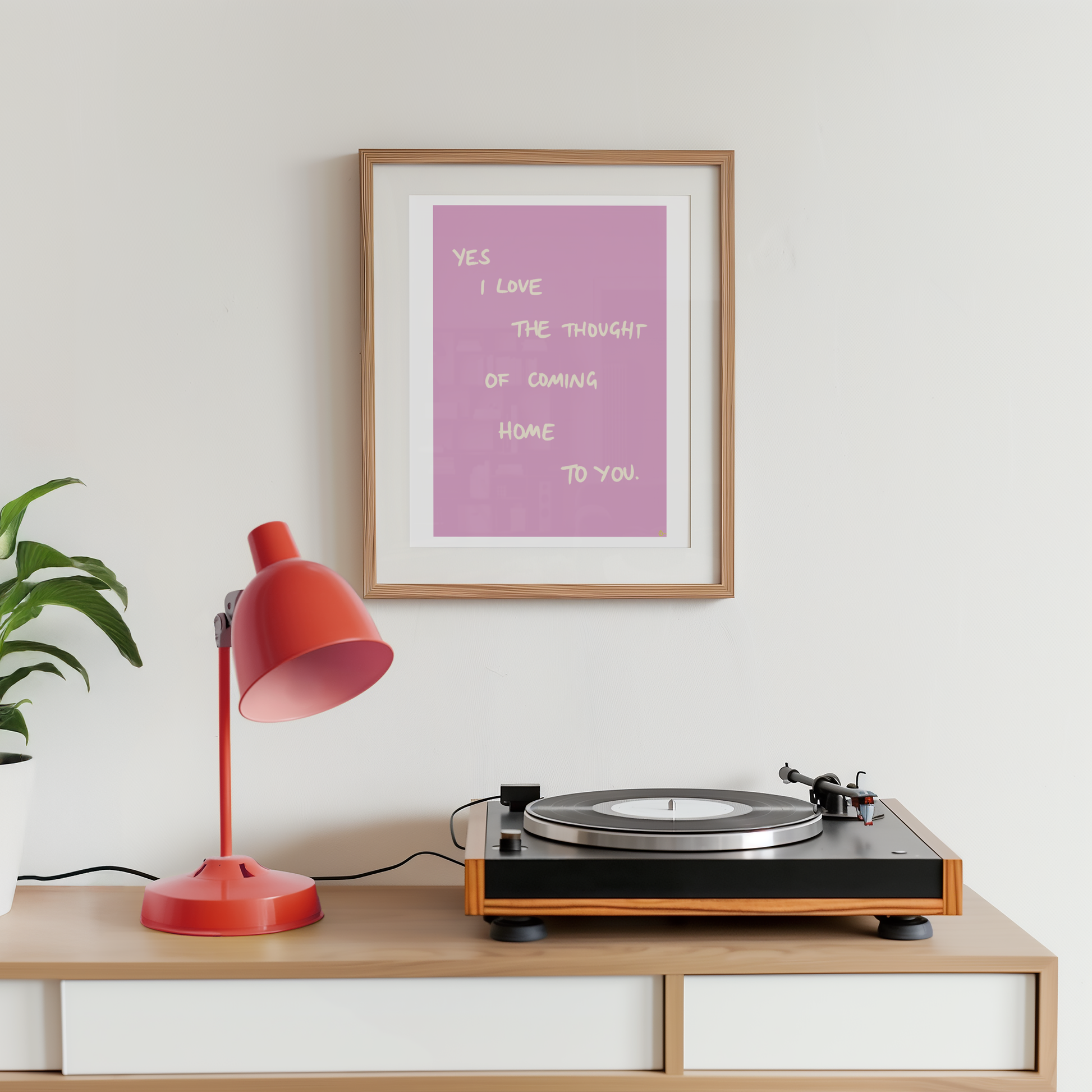 Pink and white hand-drawn bold print of "Coming Home To You" by Peak Prints, featuring relatable typography on a wall art piece.