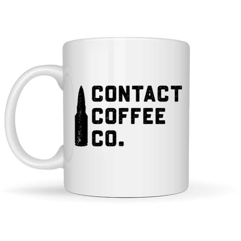 Contact Coffee Company Ltd. Pussers Mug featuring the Contact Coffee logo, a ceramic gear-shaped coffee mug with branding.