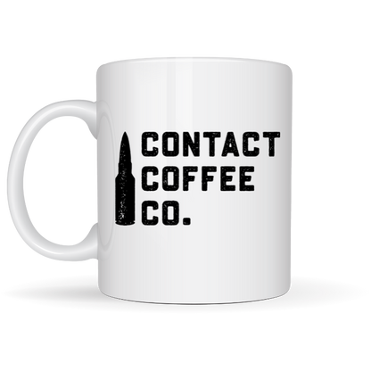 Contact Coffee Company Ltd. Pussers Mug featuring the Contact Coffee logo, a ceramic gear-shaped coffee mug with branding.