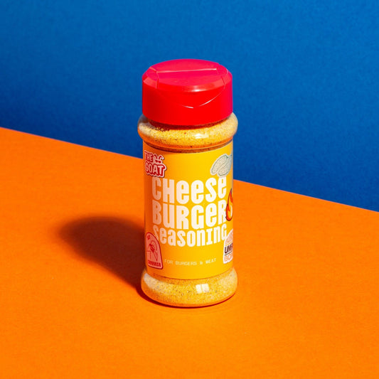 American cheeseburger seasoning by The GOAT Seasoning Blends in a 70g shaker jar with colorful label.