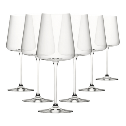 Set of six Glassware UK Mode goblet wine glasses, 550ml capacity, clear glass with elegant design.