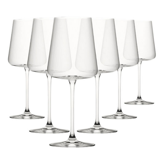 Set of six Glassware UK Mode goblet wine glasses, 550ml capacity, clear glass with elegant design.