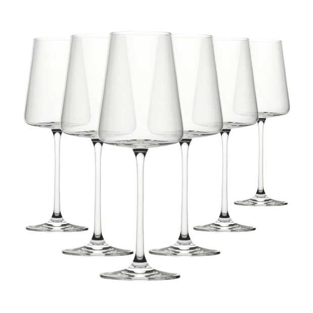 Set of six Glassware UK Mode wine glasses, 360ml capacity, clear glass with elegant bowl and stem design.
