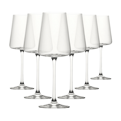 Set of six Glassware UK Mode wine glasses, 360ml capacity, clear glass with elegant bowl and stem design.