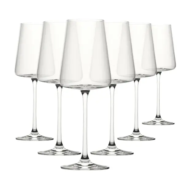Set of six Glassware UK Mode wine glasses, 360ml capacity, clear glass with elegant stem design for wine serving.