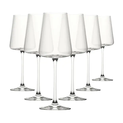 Set of six Glassware UK Mode wine glasses, 360ml capacity, clear glass with elegant stem design for wine serving.
