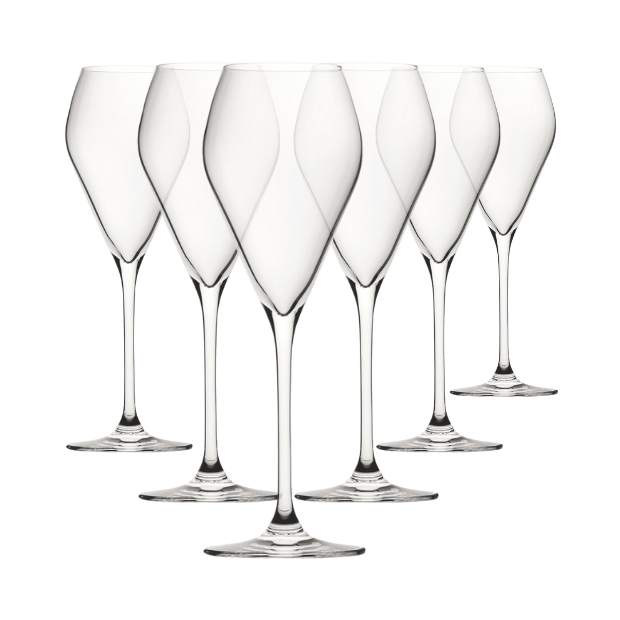 Set of six 240ml Glassware UK Mode Glass Champagne Flutes, elegant clear glass with slender stems for celebratory drinks.