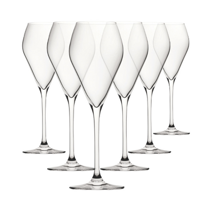 Set of six 240ml Glassware UK Mode Glass Champagne Flutes, elegant clear glass with slender stems for celebratory drinks.