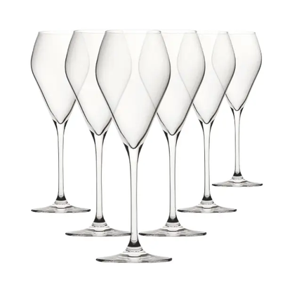 Set of six 240ml Glassware UK Mode Glass champagne flutes with tall, slender bowls and clear glass design.