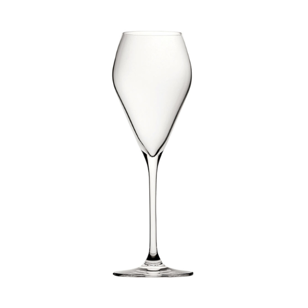 Set of six Glassware UK champagne flutes, 240ml Mode Glass Flutes with tall, elegant design for special occasions.