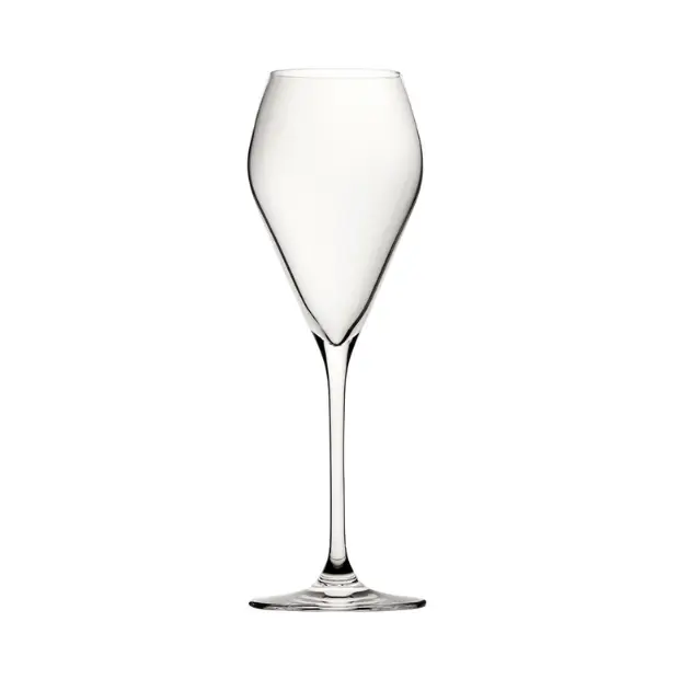 Set of six 240ml Glassware UK Mode Glass champagne flutes with tall, slender stems and clear glass bowls.