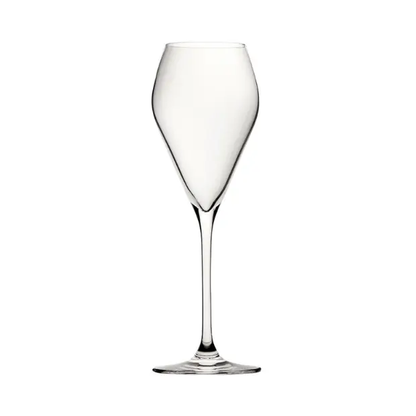 Set of six 240ml Glassware UK Mode Glass champagne flutes with tall, slender stems and clear glass bowls.