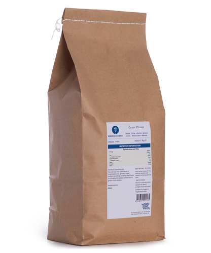Whole Food Earth corn flour from Serious Grains, 1kg package, fine yellow powder ideal for baking and cooking.