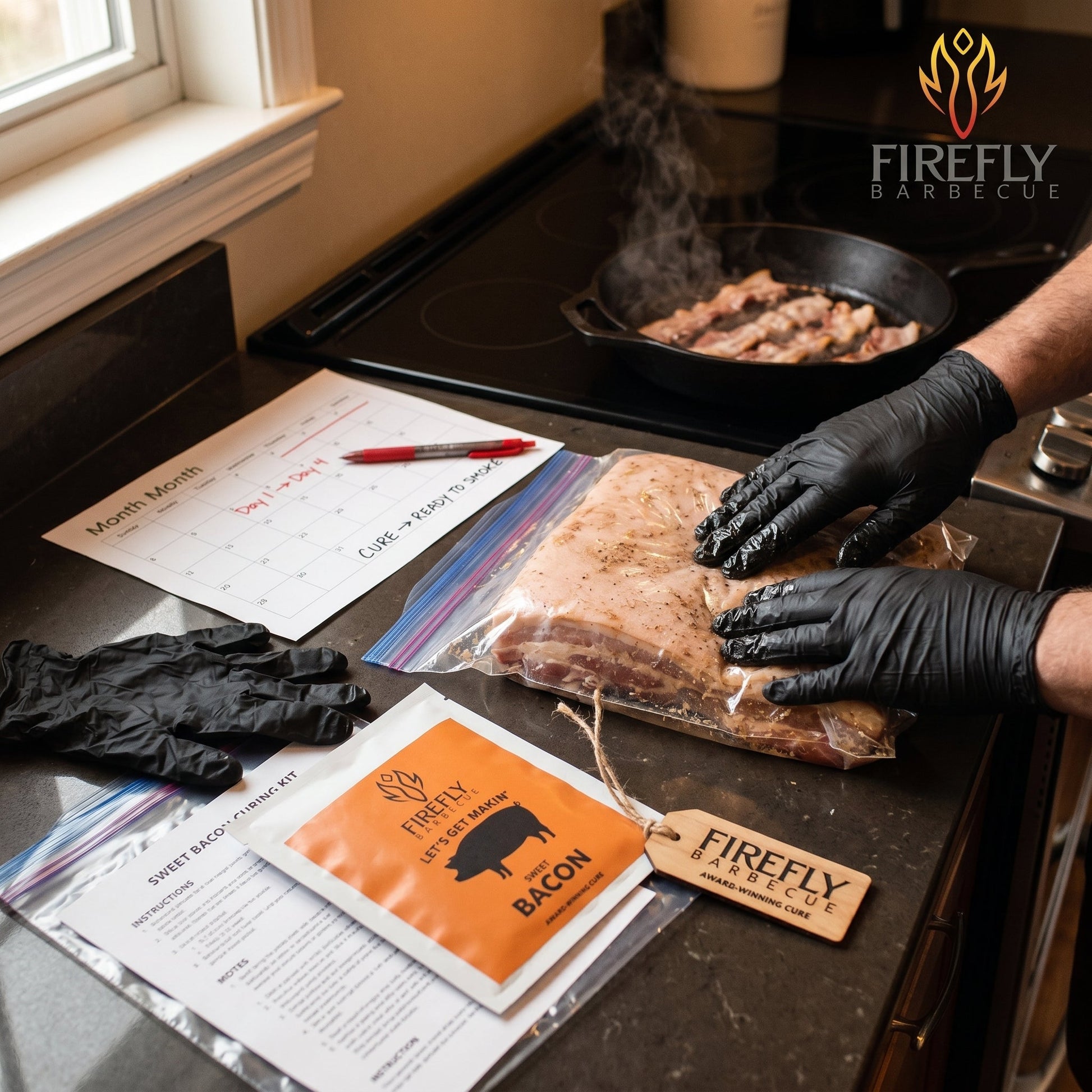 FireFly Barbecue Sweet Bacon Curing Kit with ingredients and tools for making homemade sweet bacon at home.