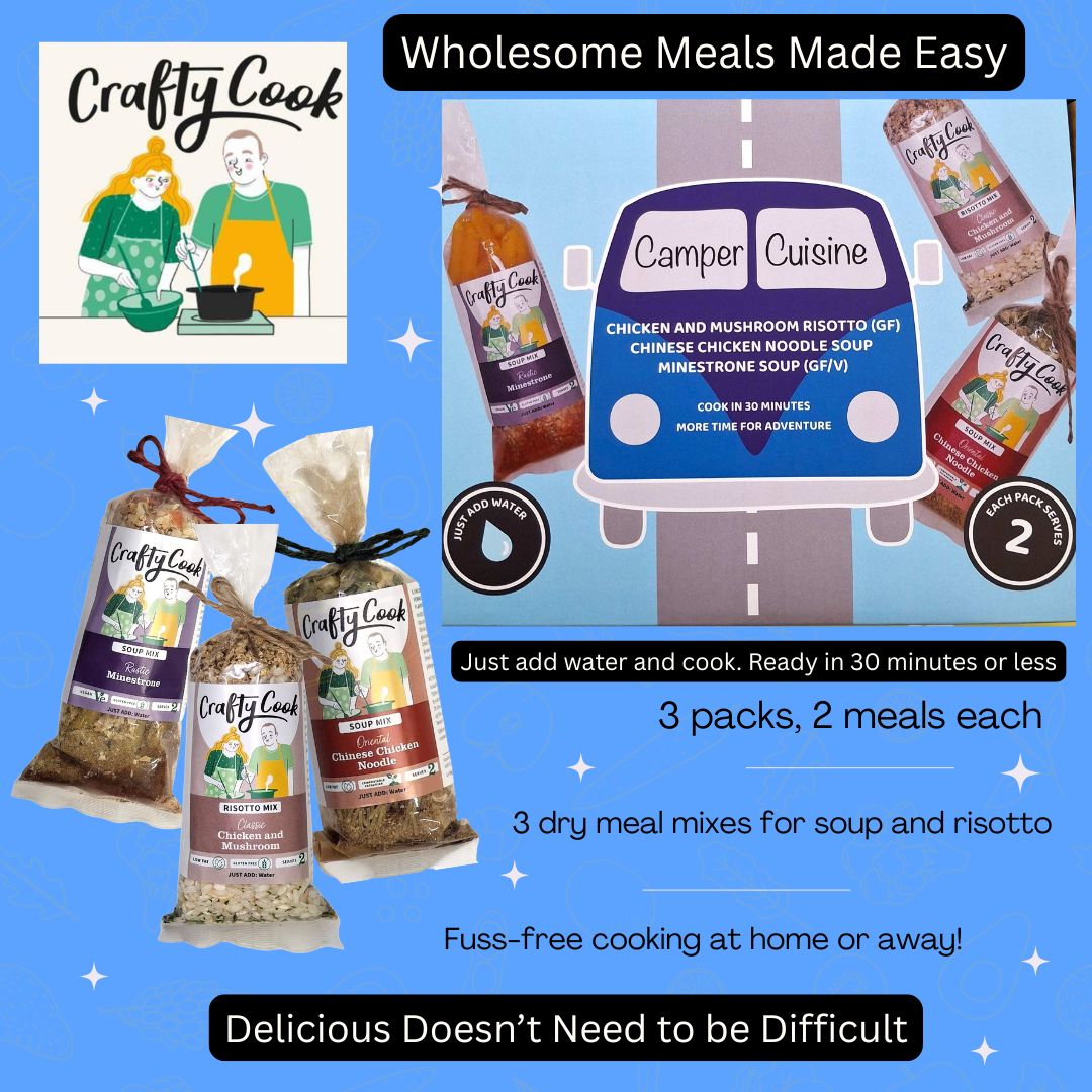 Camper Cuisine Blue 3 packs, 6 meals, one box, just add water. Crafty Cook easy fuss free meals