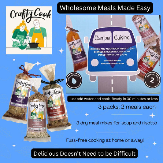 Crafty Cook Camper Cuisine Blue Van 3x2 serving meal kit, wholesale food package with colorful van design, ready to serve meals