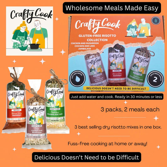 Crafty Cook gluten-free risotto collection with three ready-to-serve meal packages, featuring creamy rice dishes in individual containers.