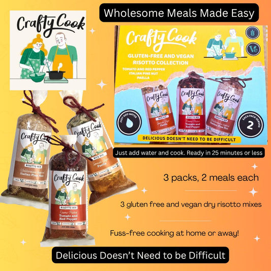 Crafty Cook gluten-free vegan risotto collection featuring three 2-serving meal packages with colorful, ready-to-eat risotto dishes.