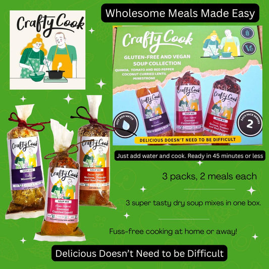 Assorted gluten free and vegan soup collection by Crafty Cook with 3 meals, featuring colorful bowls of healthy soup on a wooden table.