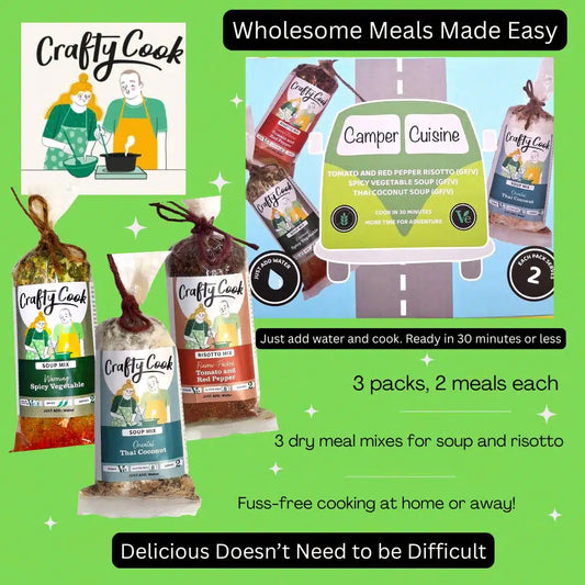 Camper Cuisine Green - 3 packs, 6 meals, one box, just add water. Crafty Cook easy fuss free meals